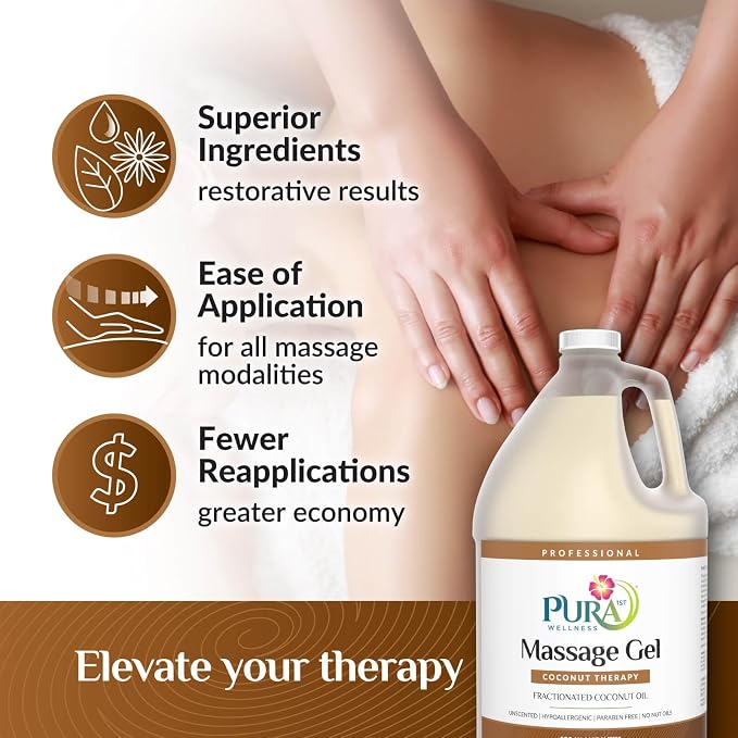 Coconut Therapy 1 Gallon Massage Gel, Coconut Oil, Professional, Massage Therapy, Deep Tissue, Unscented, Natural Ingredients, Skin Hydrating, Moisturizing, Muscle Relief, for Bruising