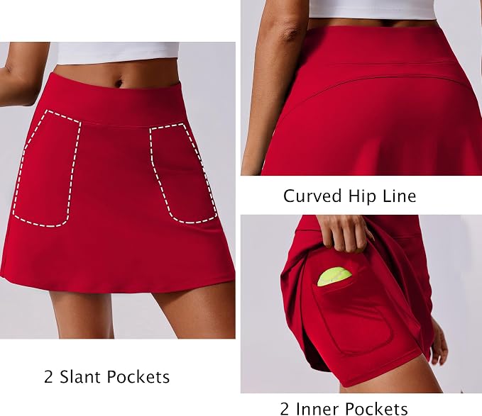 PINSPARK 17" Golf Skorts for Woman High Waisted Tennis Skirt with 4 Pockets | Lightweight, Quick Dry, 4-Way Strecth, Breathable, Tummy Control, UPF 50+ Athletic Skort for Workout, Pickleball, Gym, Casual