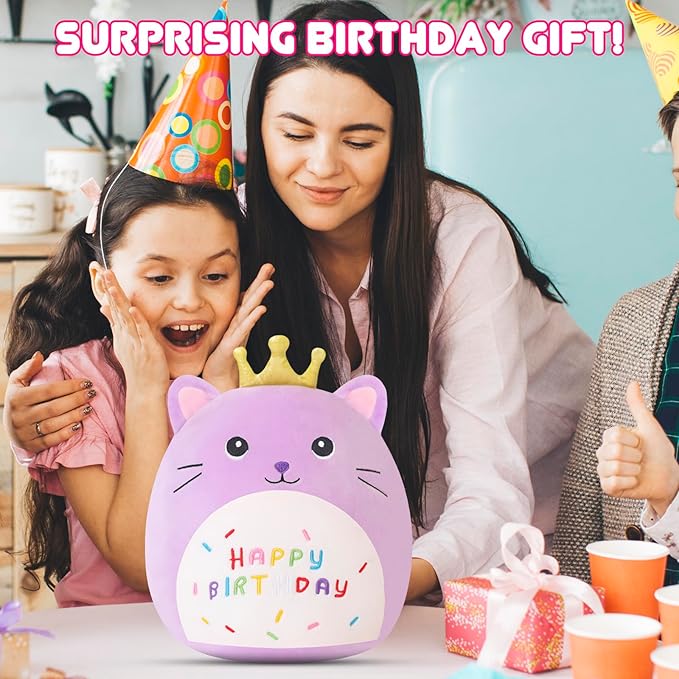SQEQE Cat Stuffed Animal Kawaii Cat Plushie with Golden Crown Soft Kitty Stuffed Toy Birthday Party Decoration Gift for Kids Girls Boys(Purple Caticorn,14 Inch)