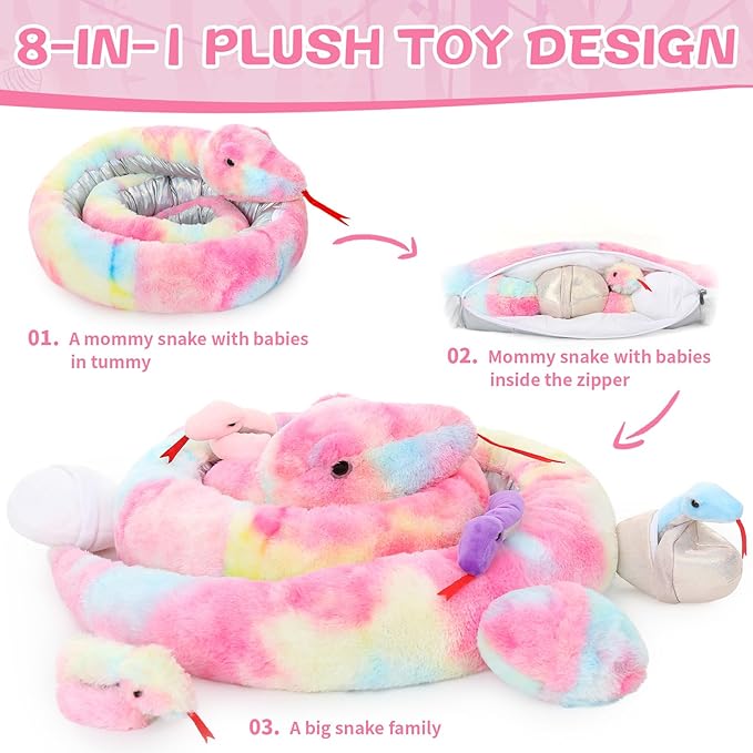 MaoGoLan 8Pcs Rainbow Snake Stuffed Animal 118 inch Giant Stuffed Snake Mommy with 4 Babies & 3 Eggs Inside, Bulk Large Boa Constrictor Plush for Boys Girls Kids Halloween Prank Props Gifts