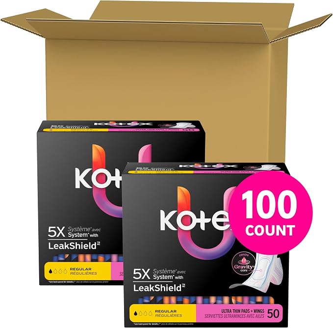 Kotex Ultra Thin Pads with Wings, Regular Absorbency, 100 Count (2 Packs of 50)(Packaging May Vary)