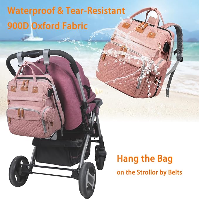 Astro alan Baby Diaper Bags with Changing Station, Waterproof Diaper Bag Backpack for Moms Dads with USB Charging Port, Baby Shower Gifts, Large Capacity diaper backpack, Pink
