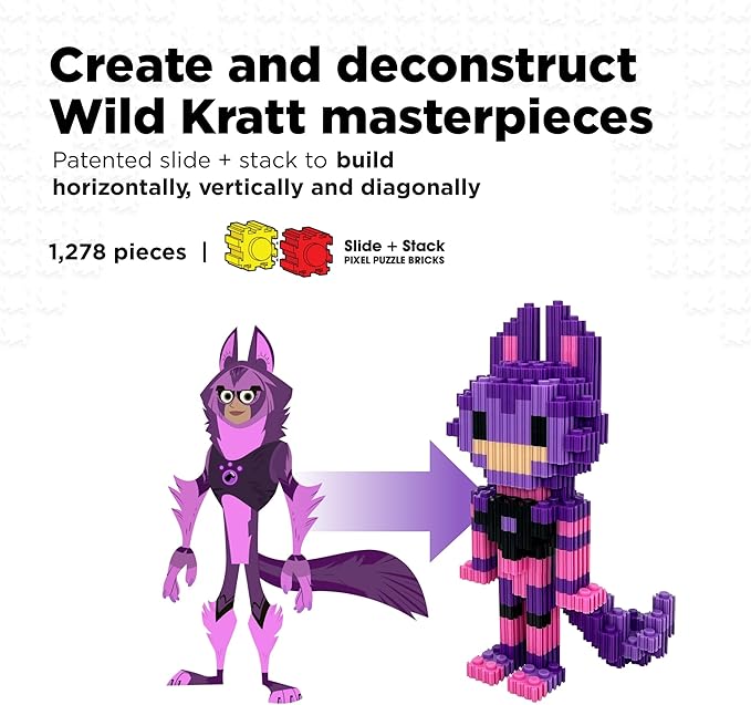 Pix Brix - Wild Kratts Pixel Art Kit - Grey Wolf, 1278 Pieces - Patented Slide + Stack Pixel Puzzle Building Bricks, Build & Collect Wild Kratts Creature Powers - Stem Toys, Ages 6 Plus