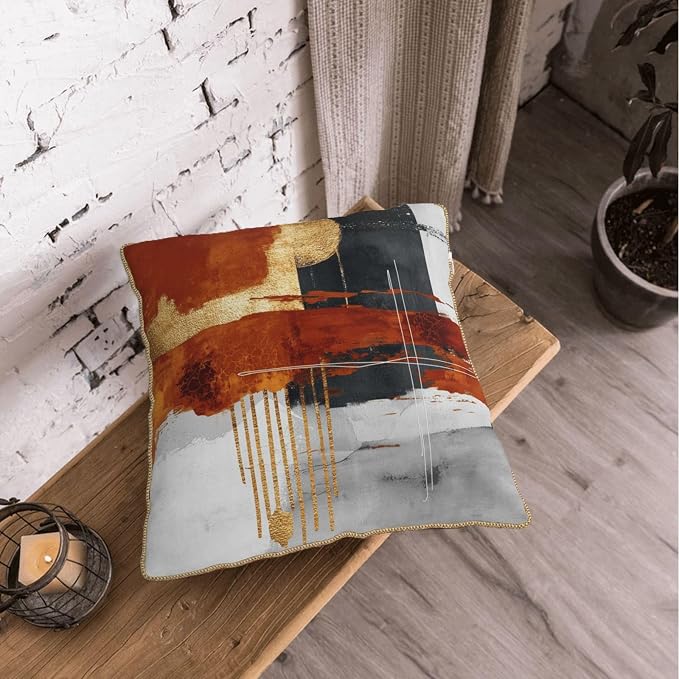 Retro Burnt Orange Gold Velvet Pillow Covers 16x16 Inch Abstract Rust Gray Black Throw Pillows For Couch Cushion Covers Pillowcase Rustic Farmhouse Pillow Cases for Sofa Bed Living Room Outdoor