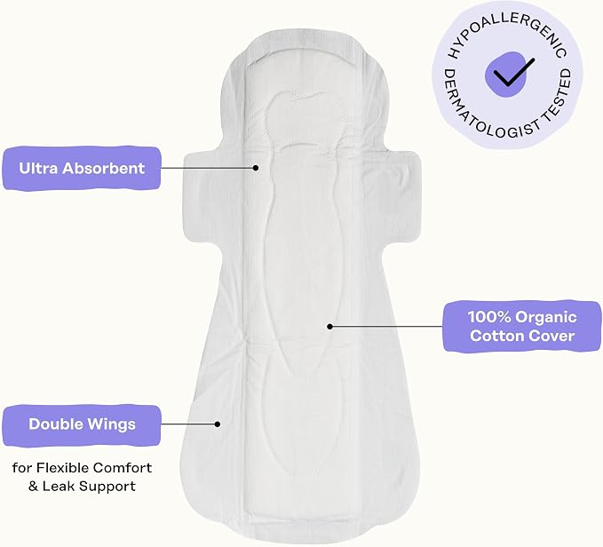 Honey Pot Calming Overnight Sanitary Pads for Women - 100% Organic Cotton Top Sheet - Feminine Care - Non Cooling - Calming Herbs of Lavender, Ashwagandha, & Lemon Balm - 48ct