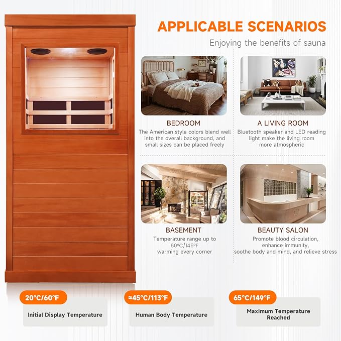 Sauna 1 Person Far Infrared Saunas for Home Low Emf Indoor Sauna | Wood Dry Sauna Room with Tempered Glass Door Speakers 7 Color Lighting Fast Heating Easy Assembly 35.2 * 27.6 * 61.6"