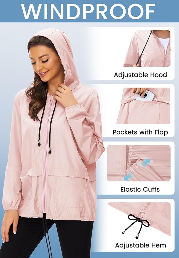 Zando Lightweight Rain Jacket Women Packable Waterproof Raincoat with Hood | Windbreaker Jacket Women, Light Raincoats for Drizzle, Rain Coats for Travel, Hiking and Commute