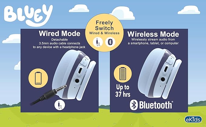 eKids Bluey Bluetooth Headphones for Kids, Wireless Headphones with Microphone Includes Aux Cord, Earphones for School, Home, or Travel