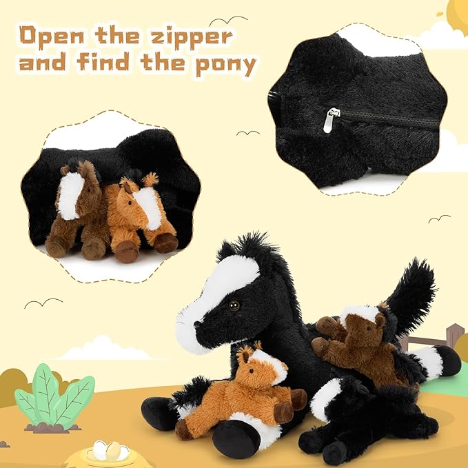 Tezituor 4Pcs Horse Stuffed Animal Set, 21inch Large Stuffed Mommy Horse with 4 Babies Pony Toys, Black Stuffed Pony Plush Pillow for Boys Girls
