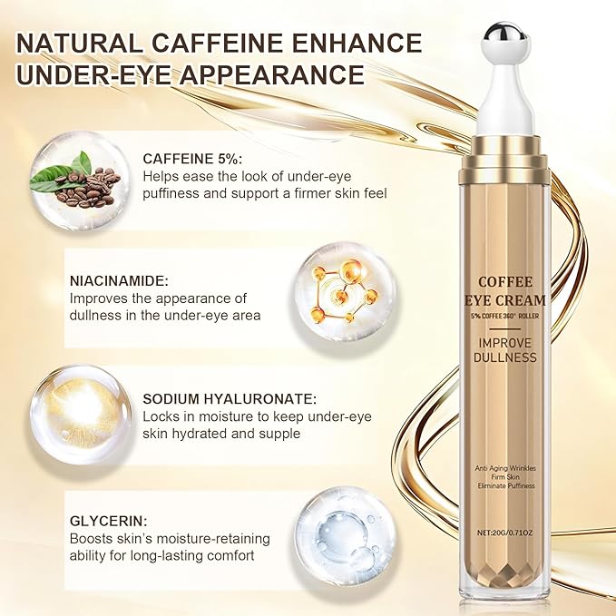 5% Caffeine Eye Serum, Under Eye Roller Serum with Hyaluronic Acid & Niacinamide,Balm for Anti Aging Puffiness & Wrinkles, for Men & Women
