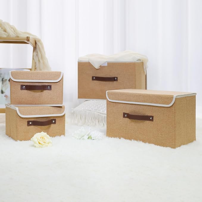 ANMINY Fabric Storage Box Bins with Lids, Khaki, 13"x9"x7.9", 2 Pack | Keepsake Memory Storage, Cotton Linen, PP Board Reinforced, Washable, PU Handles, Foldable & Stackable, Decorative, Medium