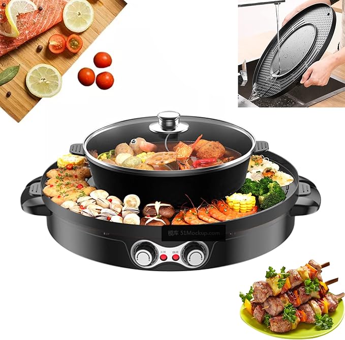 Non-stick Hotpot Pot with Grill, 2200W Electric Shabu Shabu Hot Pot Korean BBQ Grill, Multi-function BBQ Hotpot Machine for Family and Friends Gathering