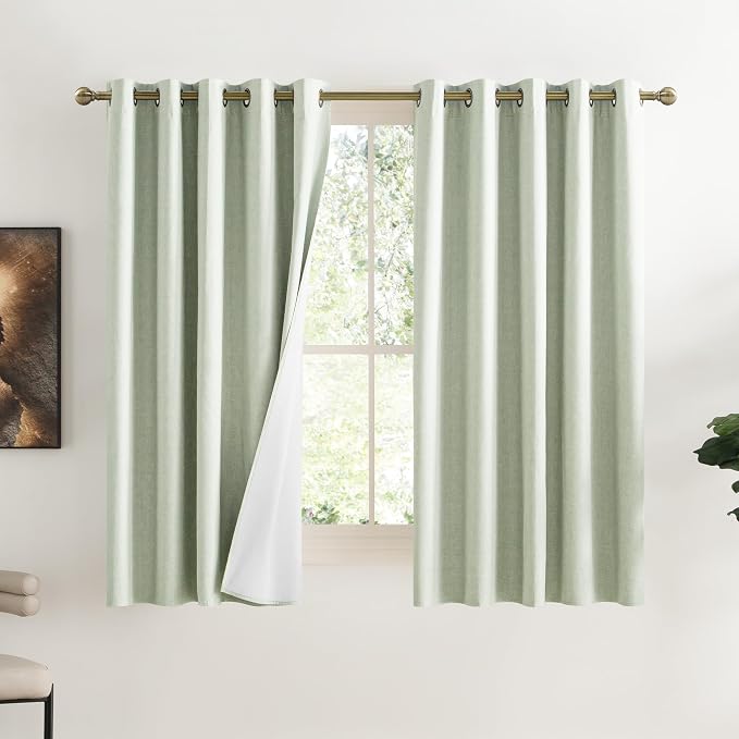 NICETOWN Sage Green Kitchen Linen Completely Shaded Draperies, 2 Pieces, W62 x L63, Privacy Protection & Noise Reducing Ring Top Drapes, White Lined Insulated Window Treatment Curtain Panels