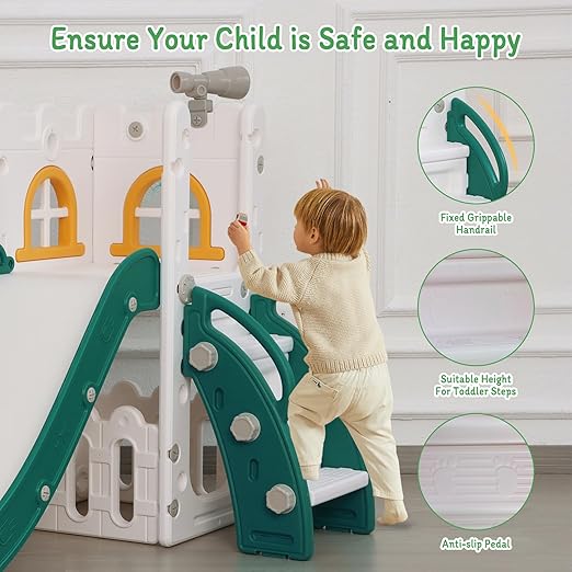 6 in 1 Toddler Slide,Kids Climber Slider for Indoor Outdoor Playground with Basketball Hoop,Storage and Telescope,L Shaped Slide for Toddler Climber Playset
