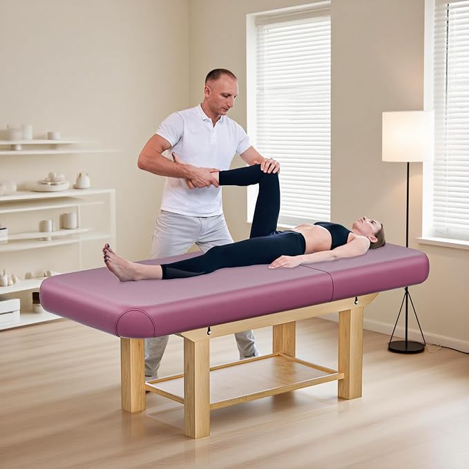 Heavy Duty Frame Professional Massage Table with Adjustable Backrest & Height Legs & Face Pillow, PU Leather, for Treatment, Physical Therapy, Spa Facial Professional Massage (Wood, Red)
