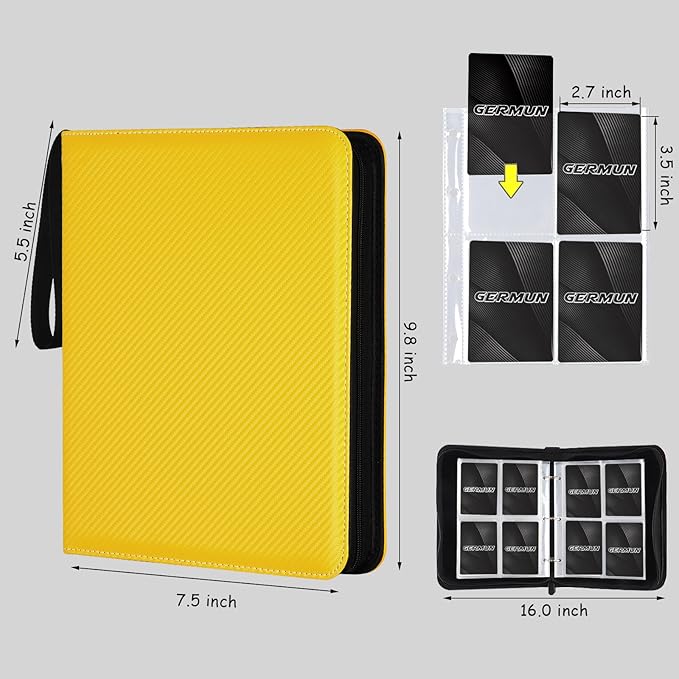 GERMUN 4 Pocket Card Binder, Premium Zip Trading Card Binder, 400 Double Sided Pocket PU Card Collection Binder, Collector Card Album, Card Folder for MTG, TCG, Sports Cards, Game Cards (Yellow)