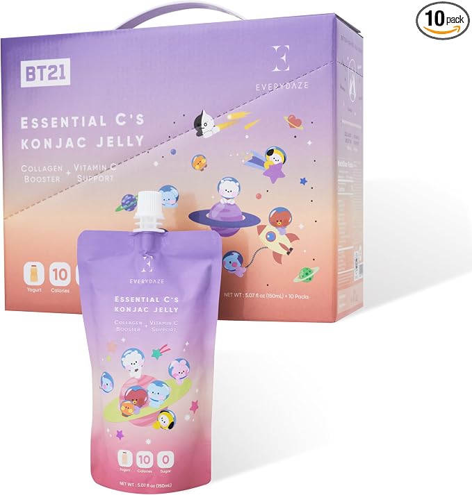 EVERYDAZE BT21 Essential C’s Konjac Jelly | Yogurt | Plant-Based Collagen Booster | Gluten Free, Sugar Free, Low Calorie | Healthy Drinkable Fruit Snack | 10 Pack Box Food Drink Pouch