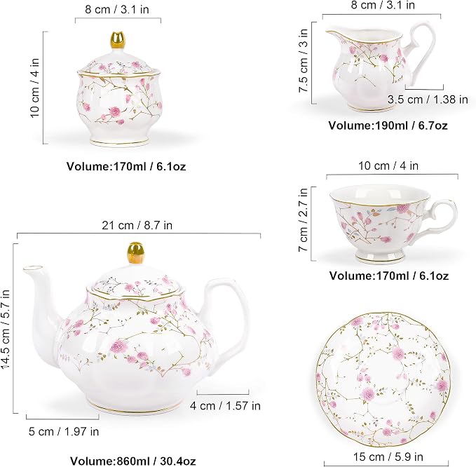 fanquare 21-Piece Gold Vine Floral Porcelain Tea Sets with Sugar Bowl Creamer Teacups, English Bone China Tea Service for Women TeaParty Family Gathering Home Décor