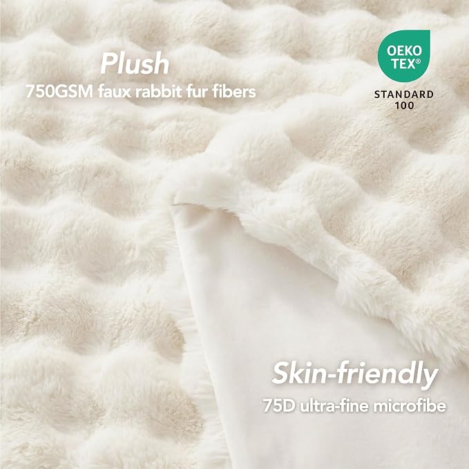 L'AGRATY Faux Rabbit Fur Throw Blanket for Couch, 50'' x 60'', Cream White | Soft Cozy Bubble Fluffy Blanket for Sofa Bed, Thick Warm Plush Fuzzy Throw for Room Home Decor, Luxury Gift for Women Mom