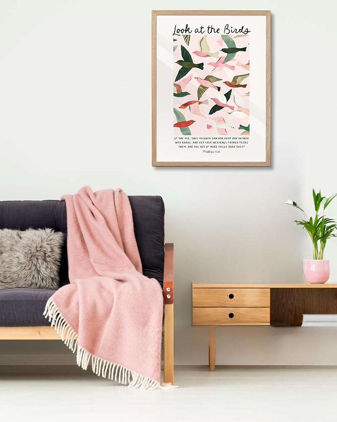 EcoHest 18x24 in Matthew 6:26 Look at the Birds Framed Christian Wall Art | Solid Oak Wood Frame with Canvas Wall Art, Scripture Bible Verse Wall Decor for Bedroom, Living Room, Office, Church, 1Pack