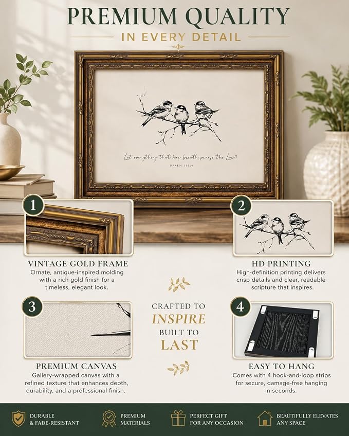 Vintage Gold Framed Bird Wall Art, Christian Bible Verse, 12 x 16 in | Sketch bird canvas with Christian scripture and vintage gold frame for living rooms, bedrooms, hallways, or prayer spaces.
