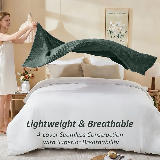 EMME Cotton Muslin Large Throw Blanket Couch Breathable Gauze Soft Lightweight Bed Blankets Adults (Heather Forest Green, 50"x70")