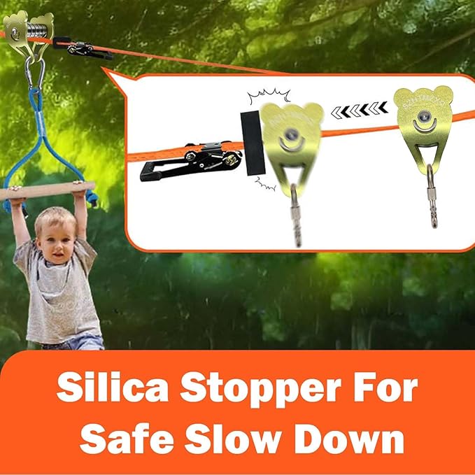 Zipline Pulley Bear Kits, Ninja Slackline Slider, Smooth and Silky, Zipline Brake Stopper for Slackline Zip line, Quick Setup for Kids Backyard Outdoor Playground Fitness Equipment