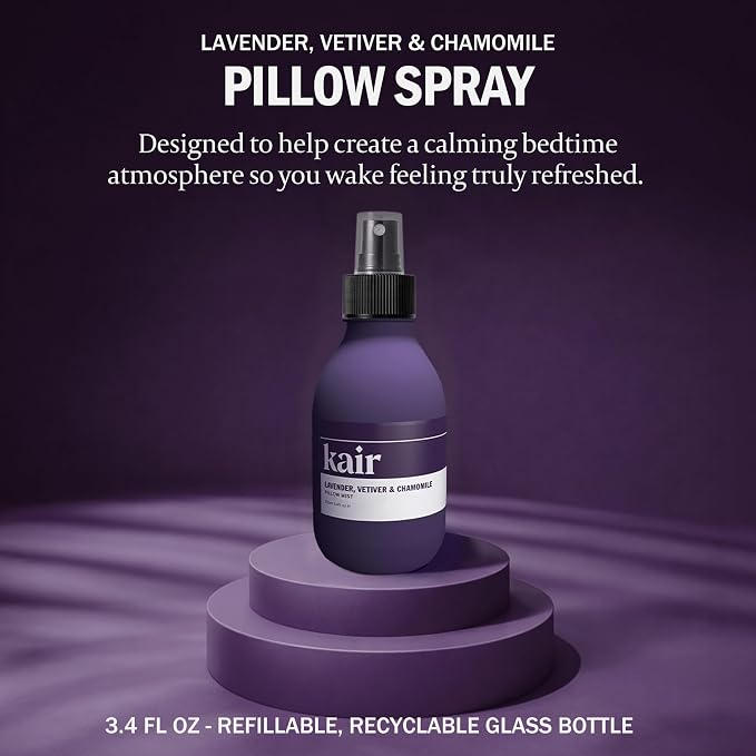 Kair Pillow Spray Mist - Lavender, Vetiver & Chamomile | Natural Aromatherapy Pillow Mist, 3.4 Fl Oz Refillable Glass Bottle, 100% Pure Essential Oils, Vegan Cruelty-Free, Calming Relaxing Scent