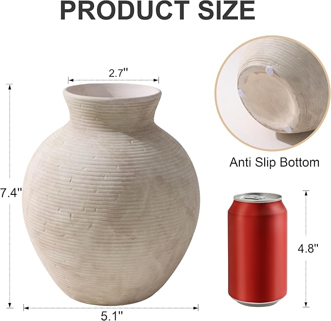 Ceramic Flower Vase Home Decor, 7.4 in Farmhouse Table Vases Rustic Vintage Living Room Kitchen Bedroom Decoration Pottery Decorative Vases for Flowers House Shelf Office Desk Dining Entryway, Retro
