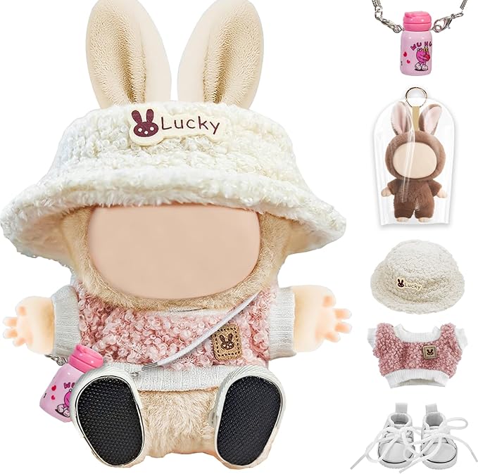 6 Piece Cute Doll Clothes 17 cm Outfit Blind Mystery Box Accessories Mini Plush Stuff Dress Overalls Hoodie Pajamas Pink