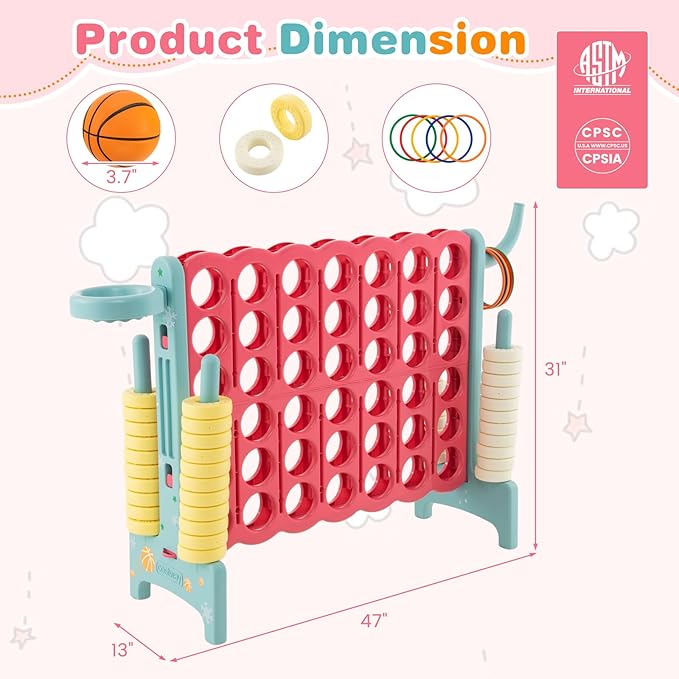 COSTWAY Jumbo 4-to-Score Giant Game Set for Kids & Adults, 2.5Ft Indoor Outdoor Game with Basketball Hoop, Ring Game, 42 Jumbo Rings, Quick-Release Slider, Perfect for Birth & Holiday Party