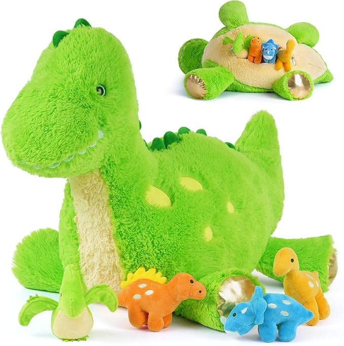Tezituor Cute Dinosaur Stuffed Animal with 4 Baby,Dinosaurs Plush Toys,Large Dino for Girls Boys Kids (Dinosaur with 4 Babies)
