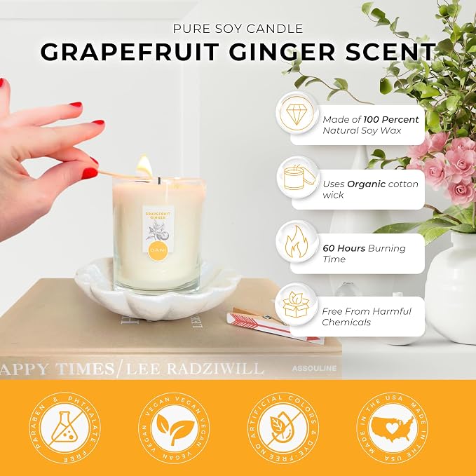 DANI Naturals Grapefruit Ginger 100% Soy Wax Candle, Non-Toxic, 7.5oz | Vegan,soy wax candle,Clean-burning with organic cotton wick,Energizing grapefruit ginger scent,Made in USA