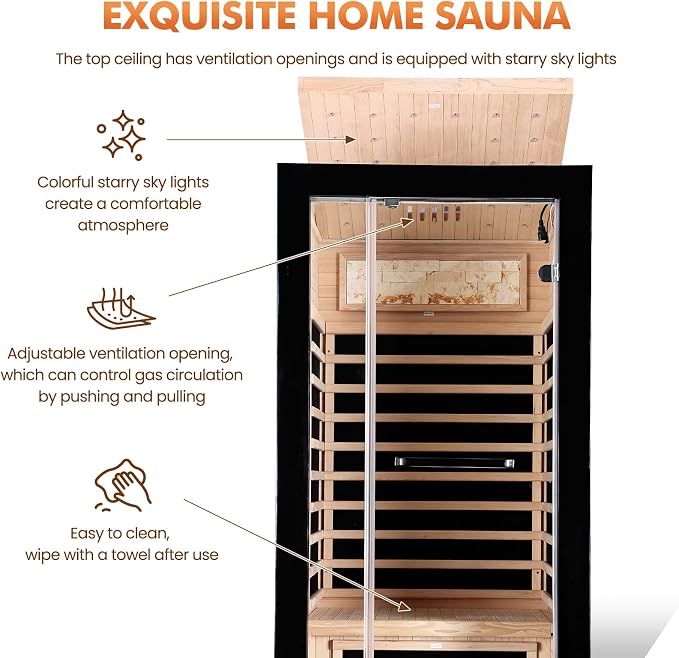 Far Infrared Sauna Home Sauna Indoor 1 Person Hemlock Wood Saunas 1450W 120V with Red Light Bluetooth Speakers 35.4"x35.4"x70.9"