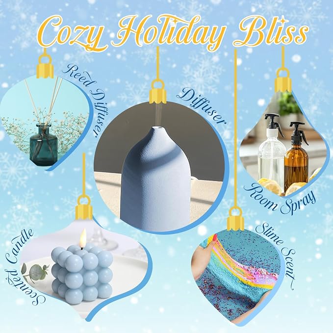 Holiday Fragrance Oil Set, Winter Essential Oils for Diffuser, Apple Cinnamon, Forest Pine, Candy Cane, Winter Mint, Cranberry, Mistletoe, Diffuser Oils Gift Set for Aromatherapy