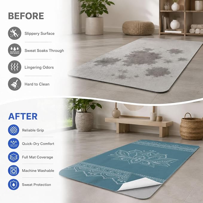 Yoga Mat Towel, Hot Yoga Non Slip with 4 Corner Pockets, 70 x 26 in | Soft Absorbent Microfiber With Four Corner Pockets, Fits Over Yoga Mats For Hot Yoga, Pilates, Gym, And Travel
