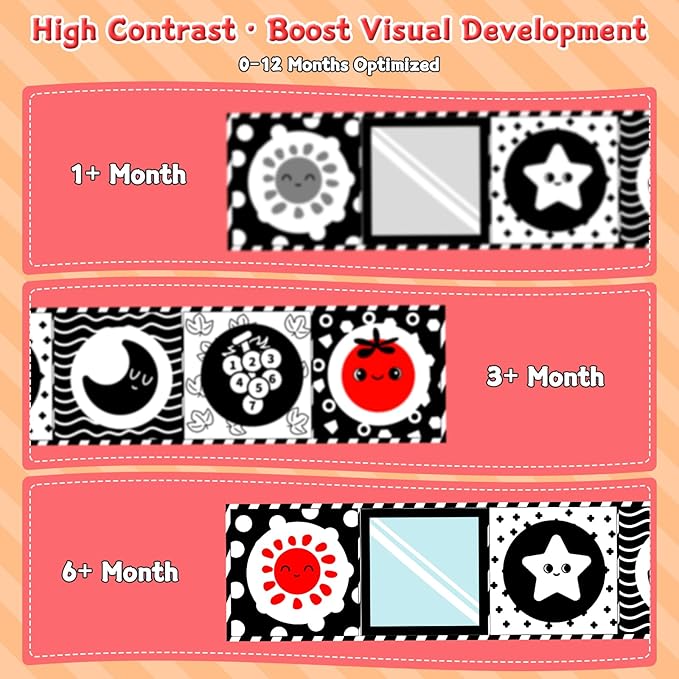 High Contrast Baby Toys for Newborn – Black White Tummy Time Mirror Toy, Crinkle Sensory Baby Book 0-6 Months for Newborns, Attach to Crib/Stroller/Car Seat