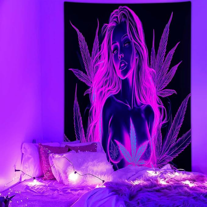 Bcsewcg Blacklight Tapestry, Women Sexy Purple Blacklight Art Wall Hanging, UV Glow in the Dark Hot Girl Poster for Adults Room Bedroom Dorm Wall Decor