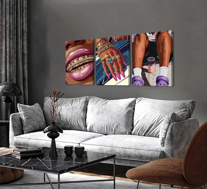 Framed Black Girl Wall Art Set of 3, Trendy Hip Hop Black Woman Wall Decor Paintings, Fashion African American Pictures Canvas Prints for Home Living Room Girly Bedroom 16x24 inch