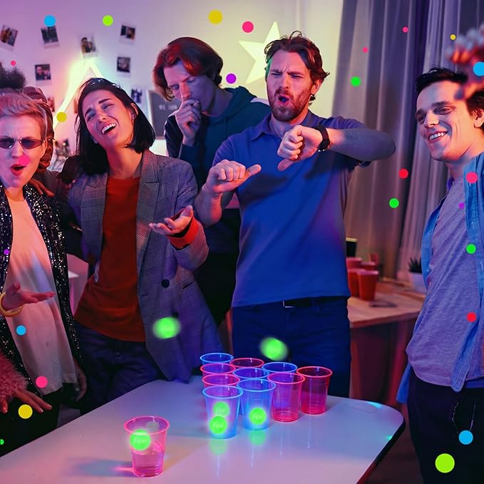 32 Pcs Glow in The Dark Party Table Tennis Game Set Include 24 Pcs Glowing Plastic Cups and 8 Balls for Indoor Outdoor Party Event Birthdays Weddings BBQ Parties