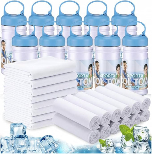 Honoson 20 Pcs Cooling Towels for Neck and Face, 47"x12" Sports Breathable Ice Towels Microfiber Chilly Sweat Rags with Portable Bottle for Gym Golf Athletes Yoga Workout Hot Weather (White)