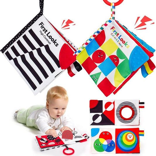 hahaland Baby Books 0-6 Months - 2PCS Infant Toys 0-6m Tummy Time Babies Toy Newborn Toys High Contrast Visual Development Sensory Book Baby Girl Boy Shower Valentine Birthday Easter Basket Stuffers