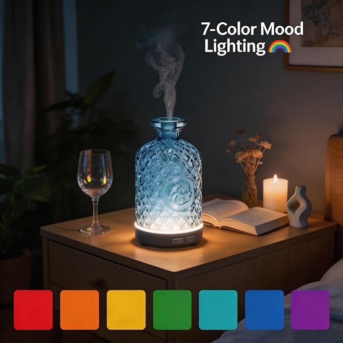 Glass Essential Oil Diffuser,100ml Aromatherapy Diffuser(Blue) | Ultrasonic Cool Mist Humidifier with 7-Color LED Lights, BPA Free, Auto Shut-Off, for Home Yoga Bedroom Office Spa