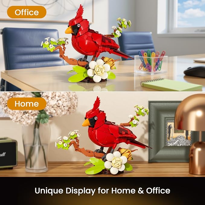 JAKI Northern Cardinal Building Set, Red Birds with Flower Camellia for Adults, Red Cardinal Model for Bird Lovers, Nature Décor Gifts for Display