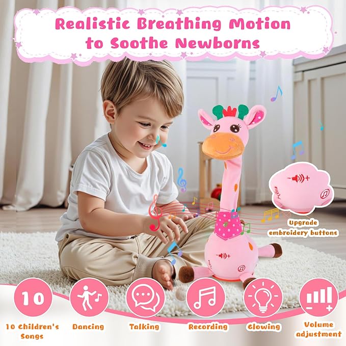 MIAODAM Dancing Giraffe Interactive Toy, Singing 10 Children's Song, Stuffed Baby Toy Repeats What You Say, Christmas Colorful Glowing Plush Interactive Toys for Toddler (Pink Giraffe)