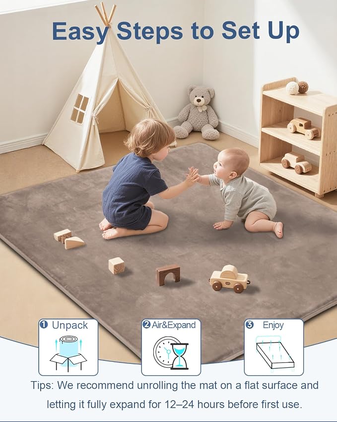 Thick Baby Play Mat for Floor,50 x 50 Playpen Mat,Tummy Time Foam Mats,Ultra Soft Support & Plush Feel,Easy Care with Non-Slip Cushioned for Infant,Kids and Toddler Crawling,Brown