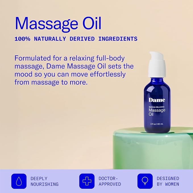 Dame Products Muscle-Relaxing Massage Oil for Women & Men, Sandalwood & Cardamom Aromatherapy Body Oil with Jojoba for Massage Therapy, Plant-Based, Non-Greasy, Relaxing Full-Body Massage Oil, 2 fl oz