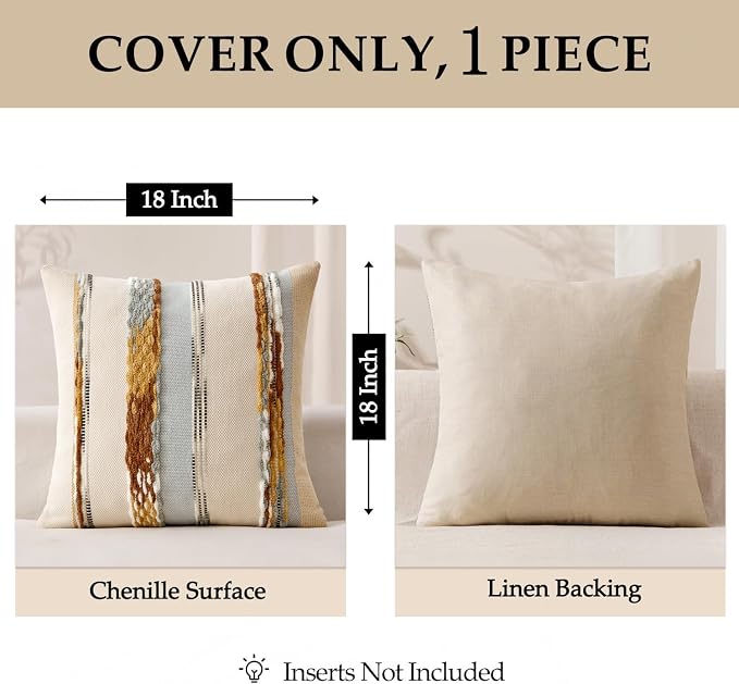 ANRODUO Boho Decorative Pillow Covers 18x18 Blue-Earth Tones Pack of 1 | Throw Pillow Covers, Farmhouse Cushion Case, Chenille Pillow Cases, Pillow Covers, Neutral Pillowcase for Sofa Couch Bed