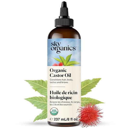 Sky Organics - Castor Oil Organic - Volumizing Hair Oil - Scalp, Lashes, Brows - Pure Castor Oil Cold Pressed - Natural Conditioner - Omega Fatty Acids, Vegan - Beauty, Hair Care, & Self Care - 8oz