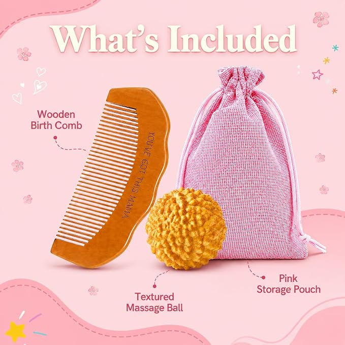 Birth Comb & Acupressure Massage Ball Set, Labor and Delivery Essentials | Wooden material, sensory focus, hospital bag essentials, mom-to-be gift